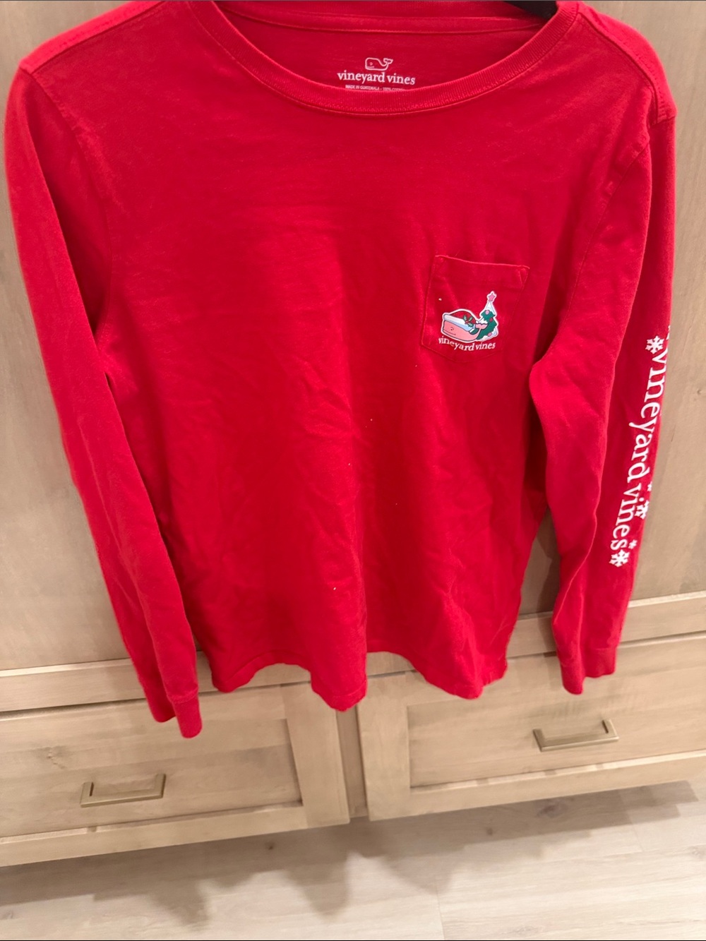 Vineyard Vines Red Long-Sleeve Pocket Tee with Whale Logo